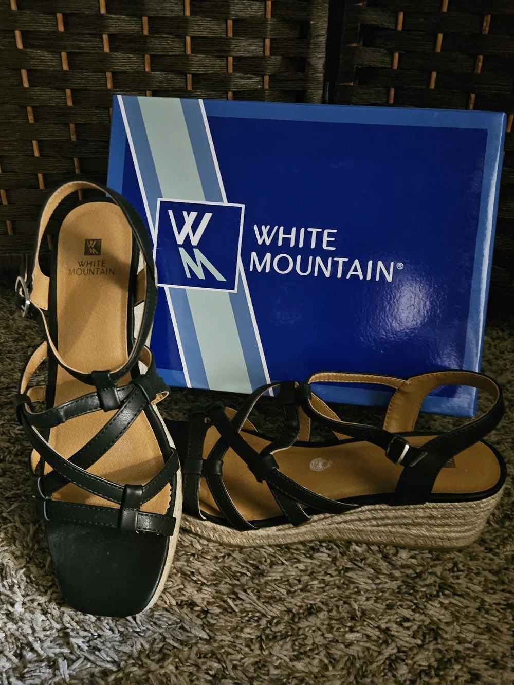 White Mountain Black Espadrille Wedge Sandals with Crisscross Straps
